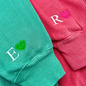 Custom Comfort Colors Embroidered Initial Heart Sweatshirt, Personalized Couples Gifts, Valentines Couple Initials, Matching Sleeve