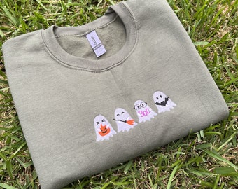 Spooky Ghost Embroidery Sweatshirt | Boo Bat Broom Pumpkin Ghost Embroidery Crewneck | Halloween Xmas Ghost Sweatshirt | Spooky Season