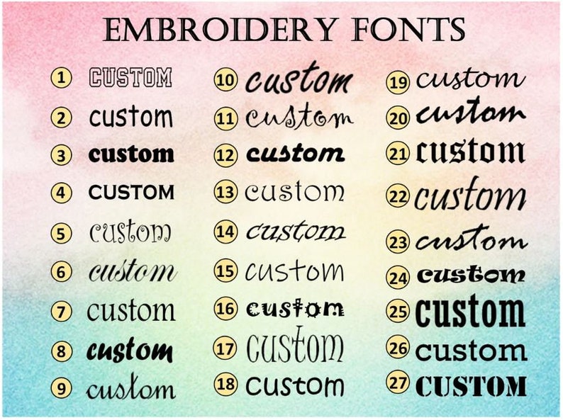 Puede incluir: Un gr&aacute;fico con 27 estilos de fuente de bordado diferentes, numerados del 1 al 27. Cada estilo de fuente est&aacute; etiquetado como "custom".
