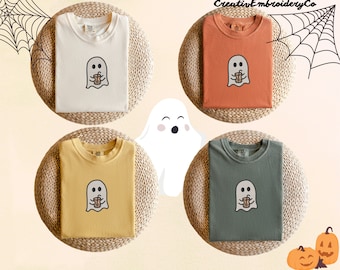 Embroidered Little Ghost Coffee Shirt | Ghost Embroidered T-Shirts | Comfort Colors Cute Ghost Tees | Funny Halloween Shirts | Spooky Season