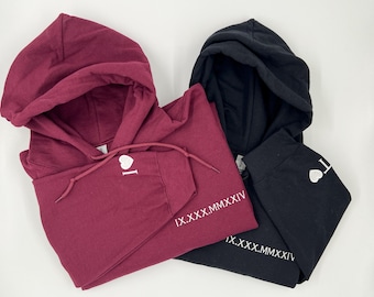 Custom Embroidered Initial Heart Hoodie On Sleeve, Personalized Initials Embroidery Hoodie, Matching Couples Outfit, Valentine gifts