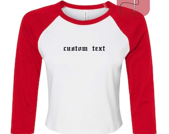 Custom Embroidered Raglan Baby Tee, Y2K Crop Top, Long Sleeve Shirt