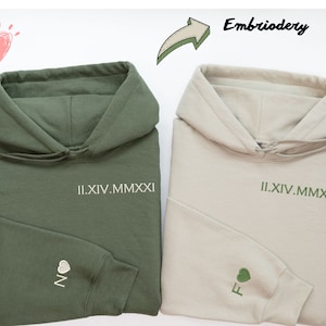 Custom Embroidered Roman Numeral Hoodie, Date, Heart and Initial On Sleeve,Personalized Couples Gifts, Couple Valentine&#39;s Gift, Gift for Her