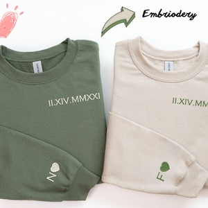 Custom Embroidered Roman Numeral Sweatshirt | Date, Heart and Initial On Sleeve | Personalized Couples Gifts | Couple Valentine's Gift