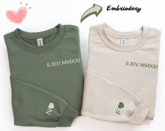 Custom Embroidered Roman Numeral Sweatshirt | Date, Heart and Initial On Sleeve | Personalized Couples Gifts | Couple Valentine's Gift