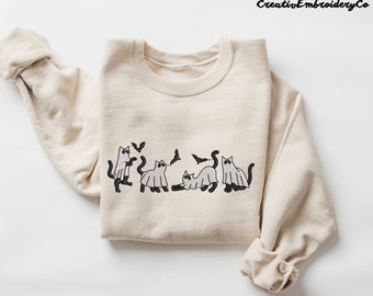 Embroidered Cat Ghost Sweatshirts | Spooky Halloween Season Crewnecks | Cute Halloween Apparel | Fall Season Crewneck | Spooky Season