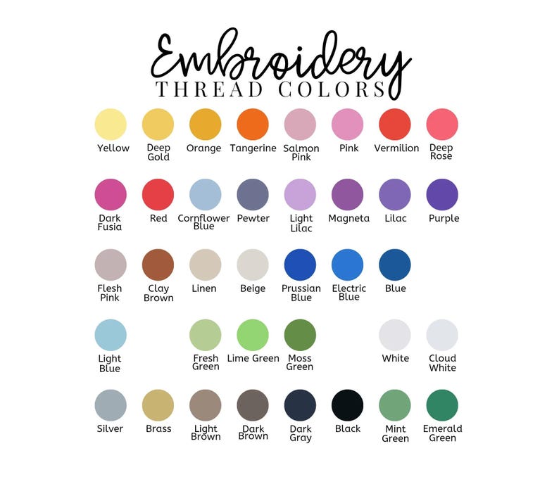 May include: A chart of embroidery thread colors with names for each color. The colors include yellow, deep gold, orange, tangerine, salmon pink, vermilion, deep rose, dark fuchsia, red, cornflower blue, pewter, light lilac, magneta, lilac, purple, flesh pink, clay brown, linen, beige, Prussian blue, electric blue, blue, light blue, fresh green, lime green, moss green, white, cloud white, silver, brass, light brown, dark brown, dark gray, black, mint green, and emerald green.