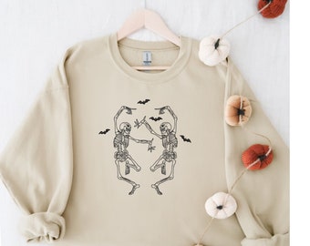 Dancing Skeletons Embroidered Sweatshirt | Halloween Crewneck | Spooky Season | Halloween Skeleton Embroidery Sweatshirts and Hoodies