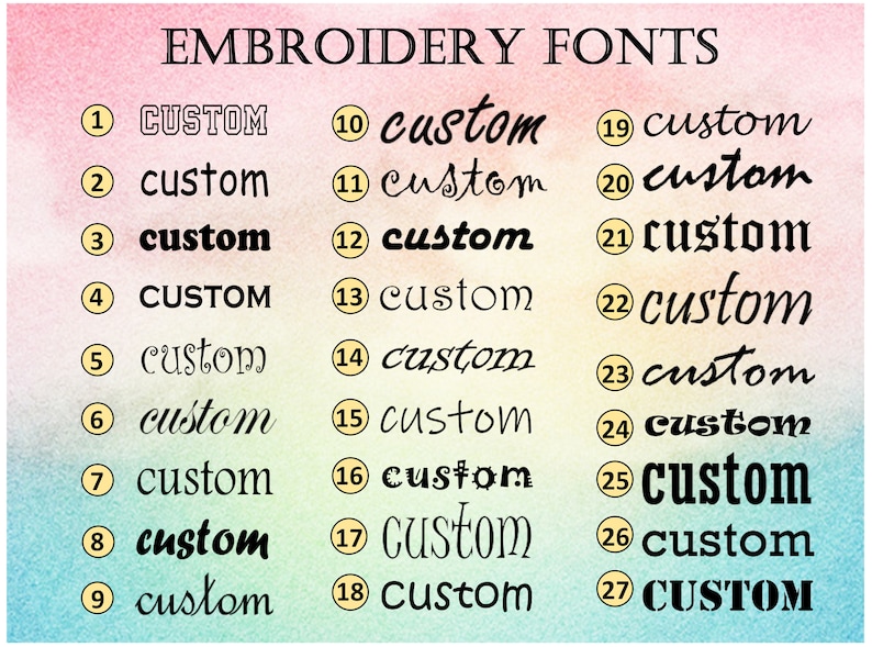 May include: A chart with 27 different embroidery font styles numbered 1 through 27. Each font style is labeled "custom".