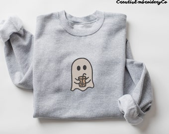 Embroidered Little Ghost Coffee Sweatshirts | Ghost Embroidery Shirts | Cute Ghost Halloween Tees | Funny Halloween Shirts | Spooky Season