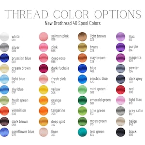 May include: A color chart displaying 40 thread color options from New Brothread. The chart includes a variety of colors, such as white, silver, blue, pink, yellow, green, and black, each with a corresponding number.