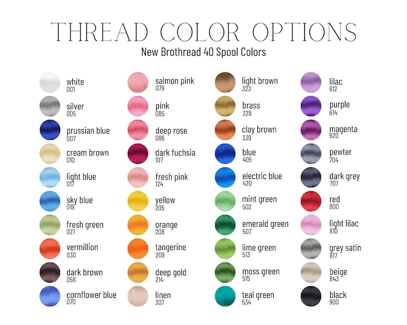 May include: A color chart displaying 40 thread color options from New Brothread. The chart includes a variety of colors, such as white, silver, blue, pink, yellow, green, and black, each with a corresponding number.