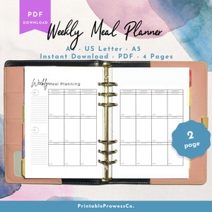 Meal Planner Printable, Weekly Food Diary, Meal Tracker, Food Journal, Menu Plan Prep, Goal setting, US Letter, A4, A5. Weekly food planner