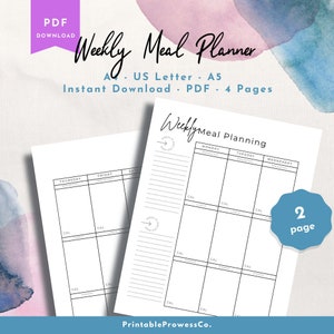 Meal Planner Printable, Weekly Food Diary, Meal Tracker, Food Journal, Menu Plan Prep, Goal setting, US Letter, A4, A5. Weekly food planner