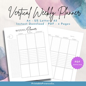 Vertical Weekly Planner on 2 Page, Weekly Agenda, Weekly Schedule To Do list goals dot grid checkboxes undated life planner Printable insert