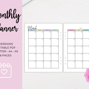 Monthly Planner Undated Month on Two Pages Monthly Calendar Journal PDF Printable Inserts Minimalist Rainbow A4 A5 Big HP to do list notes