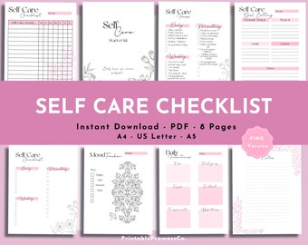 May include: A pink printable self-care checklist with floral illustrations. The checklist includes sections for daily, weekly, and monthly self-care activities, as well as goal setting and mood tracking. The text "Self Care Checklist" is in a large, bold font at the top of the page. The text "Instant Download - PDF - 8 Pages" is below the title. The text "A4 - US Letter - A5" is below the download information. The text "PINK Version" is in a circle at the bottom right corner of the page.