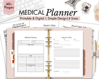 May include: A pink medical planner with gold rings. The planner has sections for medical history, doctor's visits, and blood sugar log. The text "MEDICAL Planner" is printed on the cover. The text "Printable & Digital | Simple Design | 4 Sizes" is printed below the title.