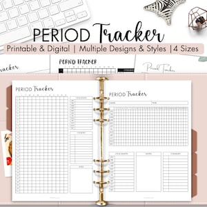 May include: A printable and digital period tracker with multiple designs and styles in four sizes. The tracker features a grid for tracking periods, cycle length, notes, and a color key.