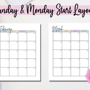 May include: Printable calendar templates for February and March with a Sunday start. The calendars are blank and have pastel coloured headers for each day of the week.