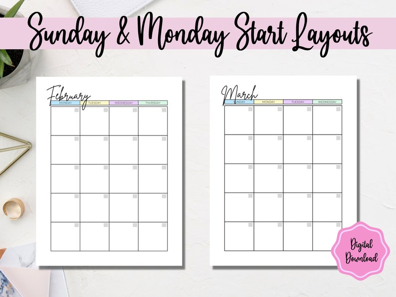 May include: Printable calendar templates for February and March with a Sunday start. The calendars are blank and have pastel coloured headers for each day of the week.