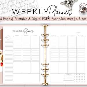May include: A weekly planner with a white background and black text. The planner is divided into seven columns for each day of the week, with a section for habits and a monthly tracker. The planner is designed for use with a binder.