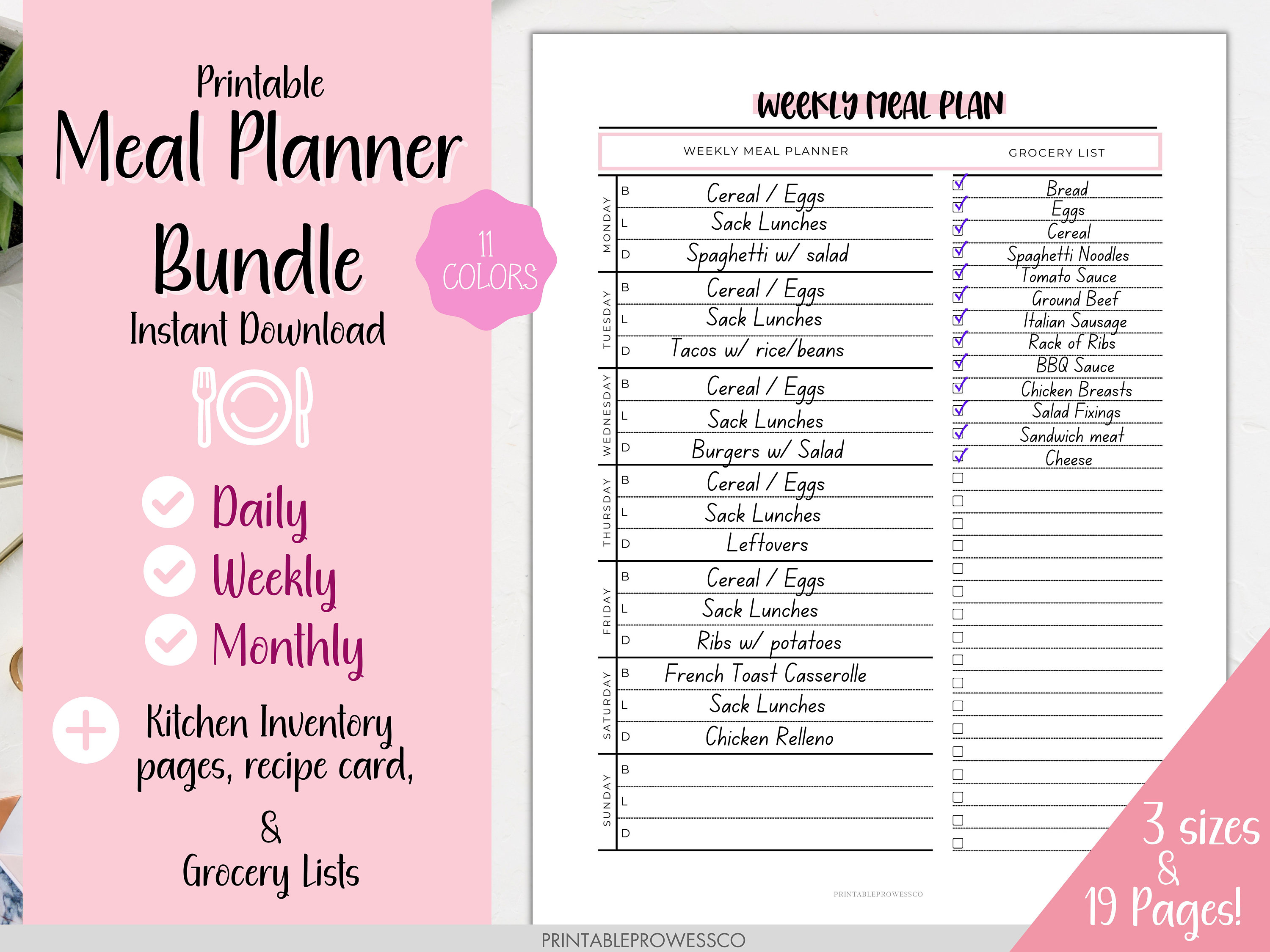 Meal Planner Printable Bundle | 11 Colors | Weekly Monthly Daily ...