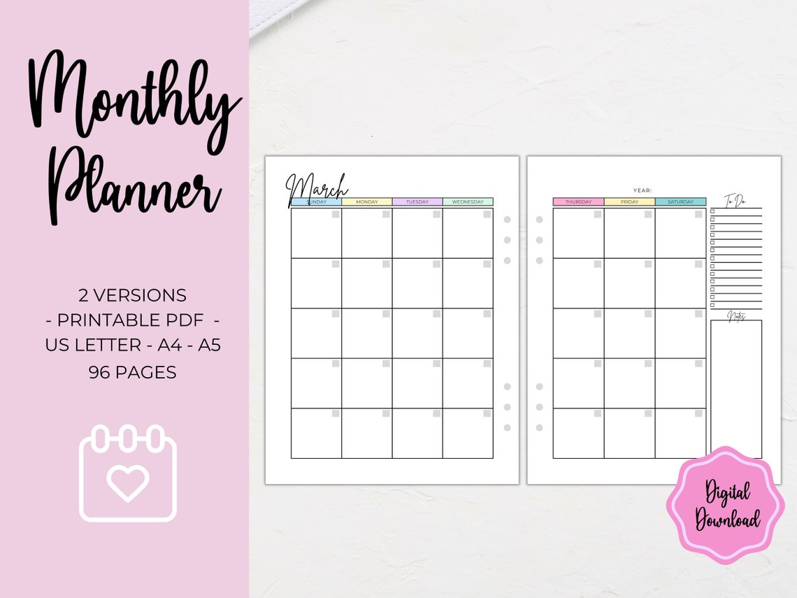 Monthly Planner Printable | Month on Two Pages | MO2P | Undated ...