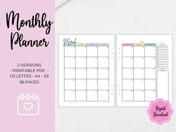 Monthly Planner Printable | Month on Two Pages | MO2P | Undated | Rainbow & Minimalist | 2 Styles | Planner Inserts | A4 A5 Letter Big HP