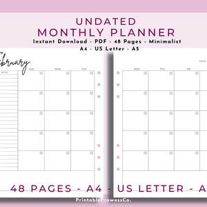 Monthly Planner Undated Month on Two Pages Printable Monthly Calendar Journal PDF Printable Insert Minimalist A4 A5 Big Happy Planner Insert