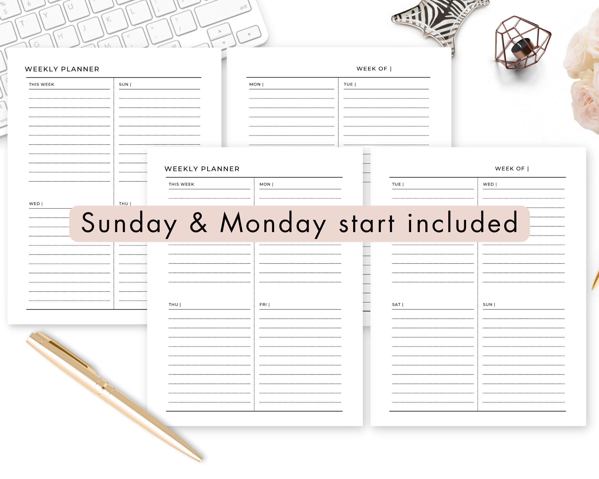 Weekly Planner Printable on 2 Pages, Horizontal, Minimalist, Sunday ...