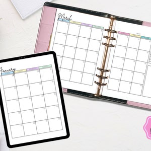 May include: Two digital planner pages with monthly calendar layouts. The left page shows January with a pastel colour scheme and the right page shows March with a rainbow colour scheme. Both pages have a blank space for notes.