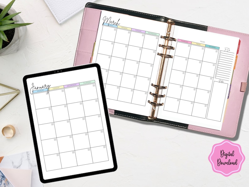 May include: Two digital planner pages with monthly calendar layouts. The left page shows January with a pastel colour scheme and the right page shows March with a rainbow colour scheme. Both pages have a blank space for notes.