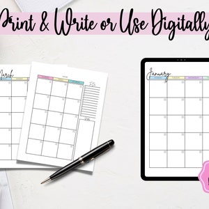May include: Printable and digital monthly calendar pages with pastel coloured headers. The calendar pages are designed for January and March. The digital calendar page is displayed on a tablet.