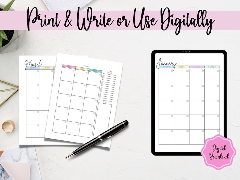 May include: Printable and digital monthly calendar pages with pastel coloured headers. The calendar pages are designed for January and March. The digital calendar page is displayed on a tablet.