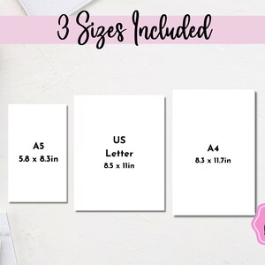 May include: Three white paper sizes are shown with their dimensions in inches: A5 (5.8 x 8.3 in), US Letter (8.5 x 11 in), and A4 (8.3 x 11.7 in). The text "3 Sizes Included" is at the top of the image.