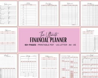 May include: A printable financial planner with a pink background and the text "The Ultimate Financial Planner" in black. The planner includes pages for tracking bank accounts, passwords, bills, subscriptions, debt, savings, monthly finances, January, holiday budget, bi-weekly budget, and monthly budget.