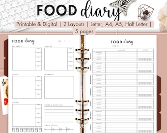 May include: A food diary with a white background and black text. The diary includes sections for breakfast, lunch, dinner, snacks, workout, and notes. The text "FOOD diary" is at the top. The diary is designed for printable and digital use.