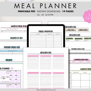 May include: Printable meal planner PDF with 19 pages, including weekly meal plans, grocery lists, fridge inventory, and recipe pages. The planner is available in 11 colors.
