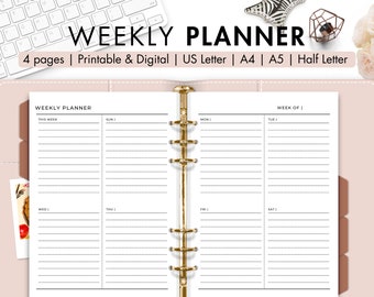 May include: A weekly planner with a white background and black lines. The planner is divided into seven columns, one for each day of the week. The days of the week are labelled at the top of each column. The planner also includes a section for "This Week" at the top of the page.