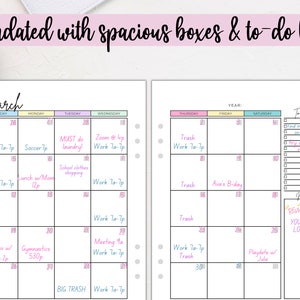 May include: A printable undated monthly calendar with spacious boxes for scheduling appointments and a to-do list. The calendar is for the month of March and has a pink, blue, and yellow colour scheme.