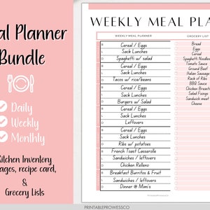 Meal Planner Printable, Monthly Weekly Food Diary, Meal Tracker, Food Journal, Menu Plan & Prep, Grocery List, Diet, Fitness, Health, Pink