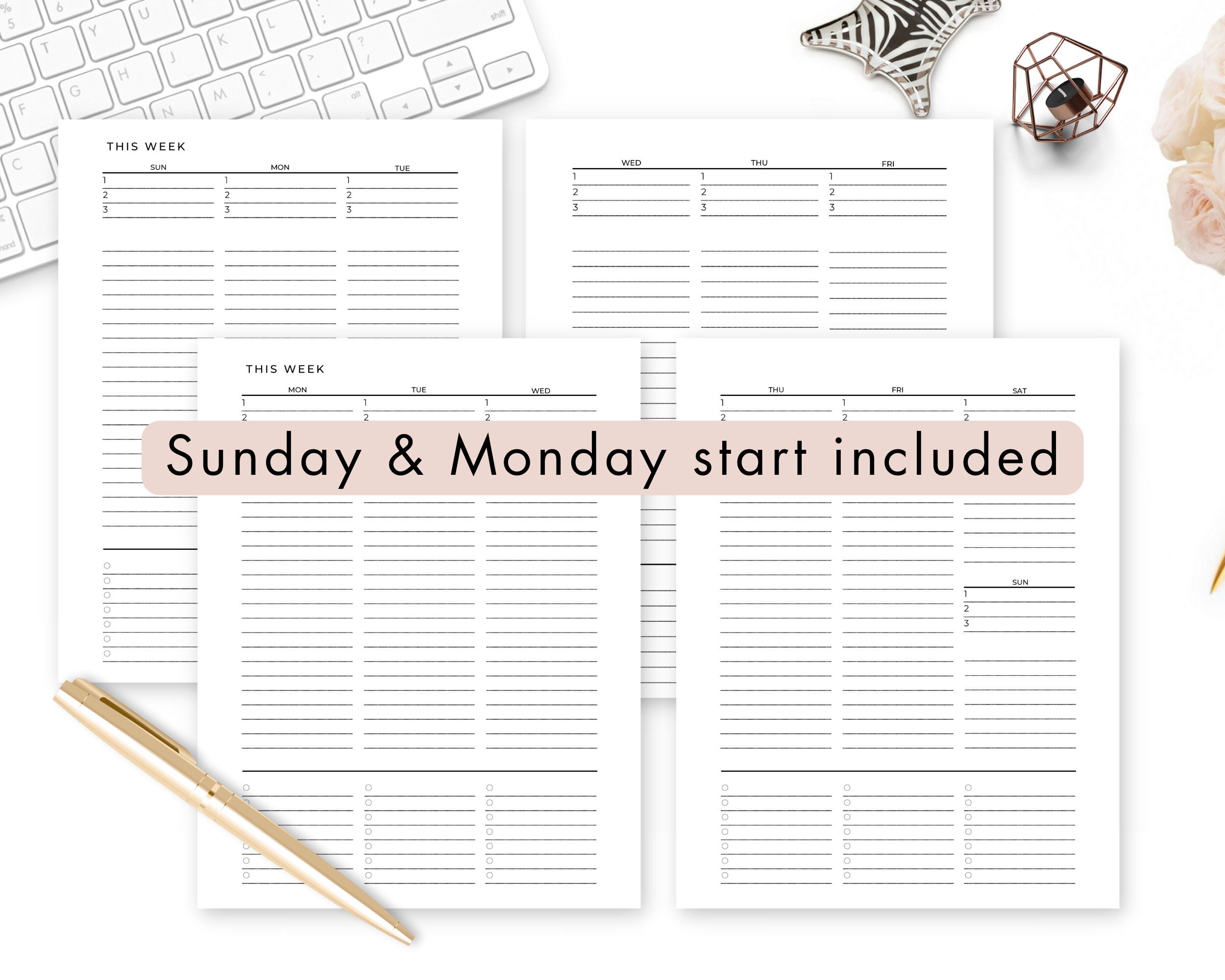 Weekly Planner Printable on 2 Pages, Horizontal, Minimalist, Sunday ...