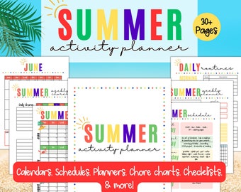 May include: A colourful printable summer activity planner with over 30 pages. The planner includes calendars, schedules, chore charts, checklists, and more. The cover features a bright yellow sun and the word "SUMMER" in rainbow colours.