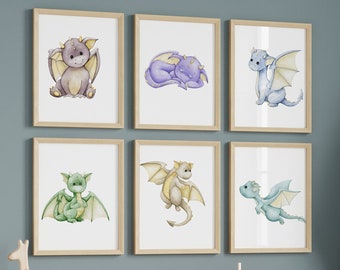 Set of 6 dragon nursery prints,Baby dragon,Dragon wall art,Dragon art,Watercolor dragon,Dragon baby,Baby dragon print,Dragon painting
