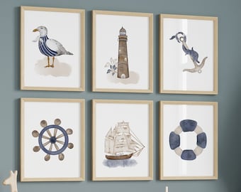 Set of 6 nautical nursery prints,Baby boy nursery,Nautical wall art,Ocean themed nursery,Sail boat,Boy nursery,Watercolor prints,Nursery art