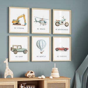 Lot de 6 véhicules de transport, impression de véhicules pour chambre de garçon, chambre de voyage, chambre d'enfant aventure, décoration de chambre de garçon, décoration de chambre de garçon, chambre de garçon