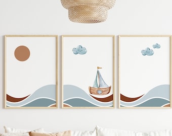Set of 3 Nautical Nursery Wall art,Nautical Wall decor,Sail boat,Coastal Nursery,Boy Nursery Art,Ocean Theme Nursery,Baby boy nursery print