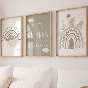 Zestaw 3 wydruków do pokoju dziecięcego w stylu boho, neutralny wystrój pokoju dziecięcego, sztuka ścienna do pokoju dziecięcego z motywem tęczowego słońca, prezent na baby shower, wydruki do pokoju dziecięcego z motywem tęczowego słońca, pokój dziecięcy w stylu leśnym