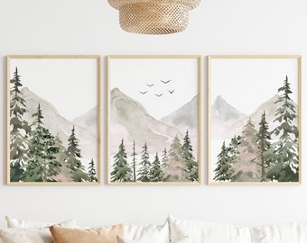 Juego de 3 láminas de montaña para habitación infantil, decoración de montaña, decoración de bosque, habitación infantil de aventuras, lámina de bosque, decoración de habitación de bebé, láminas de montaña